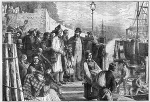 Duitse emigranten naar New York inschepen op Hamburg stoomboot in 1874, gravure