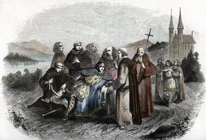 Legende van de enerves van Jumieges: de twee zonen van Merovingische koning Clovis II, gestraft voor opstand tegen hun vader, worden opgevangen door de monniken van de Abdij van Jumieges, nabij Rouen, ca. 660