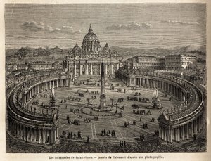 De colonnades van Sint-Pieter in het Vaticaan, gebracht door Bernini (1598-1680) in 1655, op een elliptisch vlak, dat een gemeenschappelijke plaats werd van barokke en rococo-architectuur. Gravure ter illustratie van de reis naar Rome, door Francis Wey, in