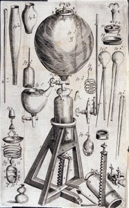 Gereedschappen voor wetenschappelijke experimenten - in "Nova experimenta physico-mechanica de vi aeris elastica, et ejusdem effectibus, facta maximam partem in nova machina pneumatica" door Robert Boyle