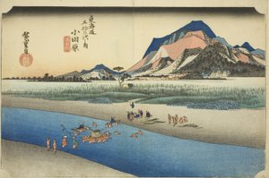 Odawara: De Sakawa Rivier (Odawara, Sakawagawa), uit de serie "Drieënvijftig Stations van de Tokaido Weg (Tokaido gojusan tsugi no uchi)," ook bekend als de Hoeido Tokaido