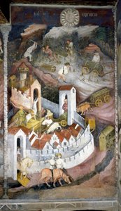 December: de houthakkers verzamelen het hout en brengen het terug naar de stad Trento waar de muur en het kasteel van Buonconsiglio worden weergegeven