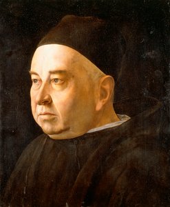 Portret van een Geestelijke, borstbeeld, met een zwarte jas en pet, c.1490