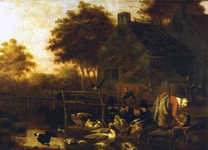 Landschap in Nederland (boerderij met veel dieren en een boer die een koe melkt) door Wintrack de Jongere
