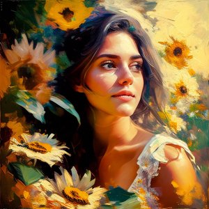 Een mooi meisje in de natuur, omringd door zonnebloemen, kunstschilderij