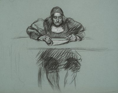 Figur voor proces van koningin Katherine. klerk aan bureau door Edwin Austin Abbey