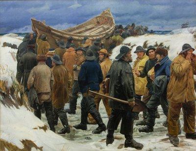 De reddingsboot wordt door de duinen getrokken, 1883 door Michael Peter Ancher