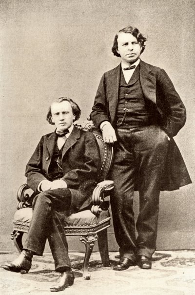 Johannes Brahms (1833-1897) Duitse componist, zittend, met Joseph Joachim (1831-1907) Hongaarse violist en componist, en directeur van het Berlijns Conservatorium. Halftoon naar een foto door Unknown photographer