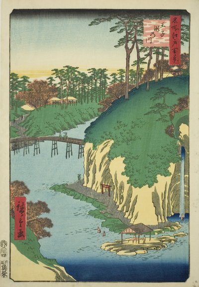 De rivier van watervallen bij Oji (Oji Takinogawa), uit de serie "Honderd beroemde zichten van Edo (Meisho Edo hyakkei)" door Utagawa Hiroshige