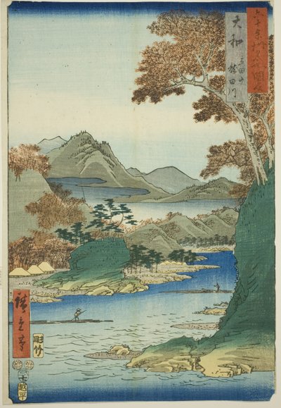 Yamato Provincie: Tatsuta Berg en Tatsuta Rivier (Yamato, Tatsutayama, Tatsutagawa), uit de serie "Beroemde Plaatsen in de Zestig-odd Provincies (Rokujuyoshu meisho zue)" door Utagawa Hiroshige